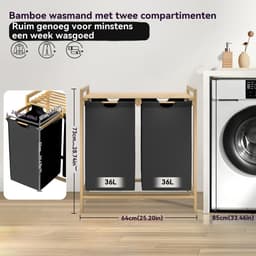 ACXIN Bamboe Wasmand Met 2 Vakken - Oxford Stof - Afneembaar En Wasbaar - 72 L - Zwart — thumbnail 2