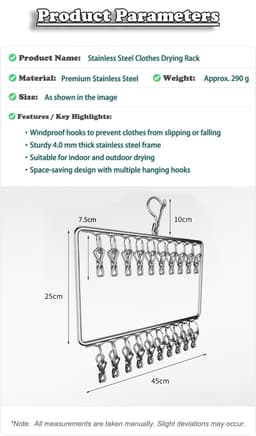 Rainbecom - Sokkenhanger RVS met Clips - 20 Clips Dubbel - Winddicht Droogrek voor Sokken en Ondergoed - RVS Wasrek 45x25 cm — thumbnail 4