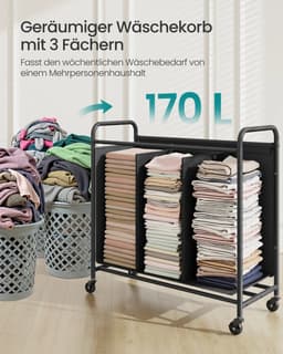 ELYSIVM Wasmand - Wasmand met 3 vakken - Wasmand met wieltjes - incl. 5 labels - Afneembare waszak - 170 L - tot 15 kg - 69x40x91cm - Zwart — thumbnail 3