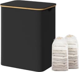 SONGMICS LCB513B01V1 - Wasmand met 2 Vakken - Opvouwbaar Deksel - Afneembare Waszak - Bamboe Handgrepen — thumbnail 1