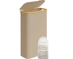 Novendo Goods – Slanke 65L wasmand met deksel & verwijderbare waszak - Opvouwbare wasverzamelaar met bamboe handgrepen voor smalle ruimtes & wasruimte