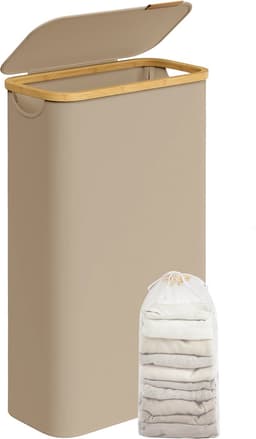 Novendo Goods – Slanke 65L wasmand met deksel & verwijderbare waszak - Opvouwbare wasverzamelaar met bamboe handgrepen voor smalle ruimtes & wasruimte — thumbnail 1