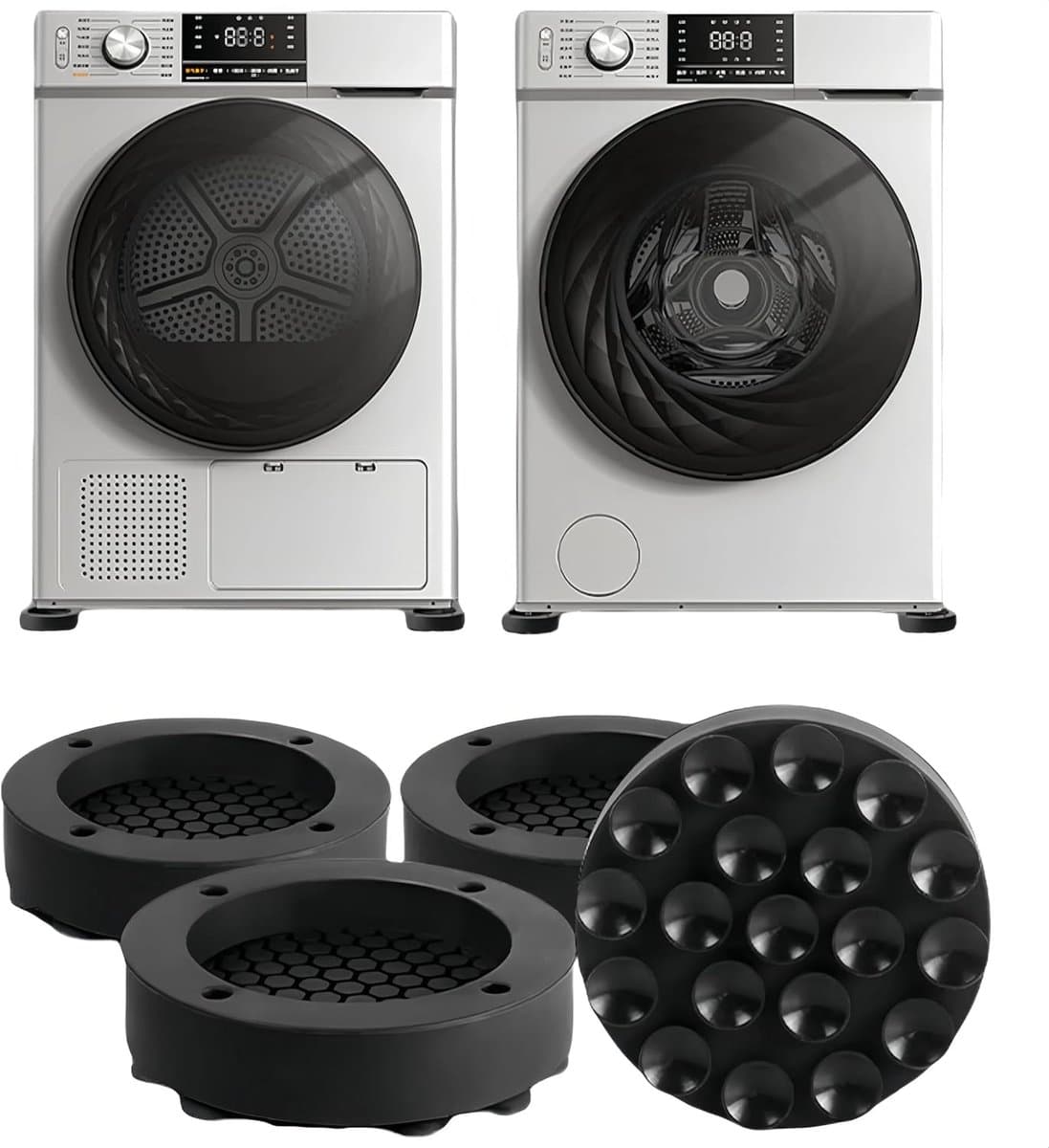Schokdempende matten voor wasmachines – 4-delige set – universele antislipmatten – geluidsdempend – vloerbescherming – schokdempende voetjes voor wasdrogers – zwart — afbeelding 1