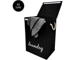 Janse® Wasmand zwart met wit - Stevige opvouwbare wasmand met deksel - 81 Liter - Met handvatten - Laundry basket - Badkamer organizer - Opbergbak - Ruime wassorteerder