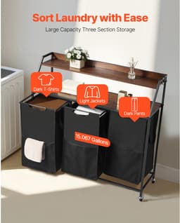 Wasmand, met 2 Niveaus met Metalen Frame en Houten Top, Rollende Mand met 3 Compartimenten, Ladderplanken en Duurzame 600D Oxford-Stoffen Tassen voor Het Sorteren van Kleding — thumbnail 5