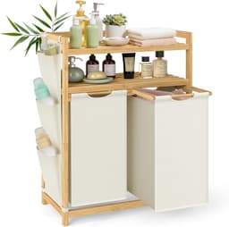Bamboe wasmand met 2 vakken – 100 L wassorteerder met planken, waszak en zijvakken, crème-wit (RLH200W01) — thumbnail 1