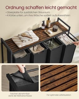 Furnstar Wasmand - Wasverzamelaar met plank - Wasbox - Afneembare waszak van Oxford stof - 4 vakken - Metalen frame - 160L - 116 x 33 x 72 cm - Inktzwart Vintabruin — thumbnail 3