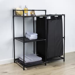Linnen Opbergrek met Waszak 50L – Wasmand Organizer – 3 Lagen – Metalen Frame – Zwart — thumbnail 3