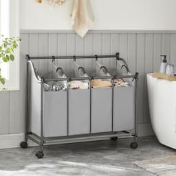 Wasmandsorteerder op wieltjes Wasverzamelwagen met 4 afneembare zakken 4 x 35 liter Voor wasruimte, slaapkamer, badkamer 87,5 x 38,5 x (67 - 81) cm Grijs — thumbnail 4