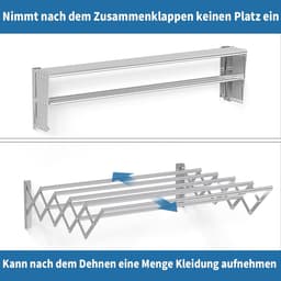 Wall Mounted Drying Rack - 65-127 cm - Extendable - Wall Dryer with 7 Rods - Silver Stainless Steel - Collapsible - Space-Saving Drying Stand - Max. Load Capacity 50 kg - Handige Wasdroger — thumbnail 3