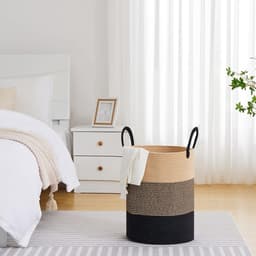 Geweven wasmand - Wasmand - 45L hoog geweven touwmand - Multifunctionele wasmand/opbergmand voor woonkamer, slaapkamer, badkamer, dekens, speelgoed, kleding — thumbnail 4