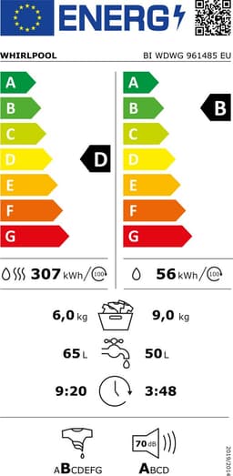 Whirlpool BI WDWG 961485 EU - Was-droogcombinatie - Inbouw - Voorbelading - Wassen en drogen - 9 kg - Wit — thumbnail 2