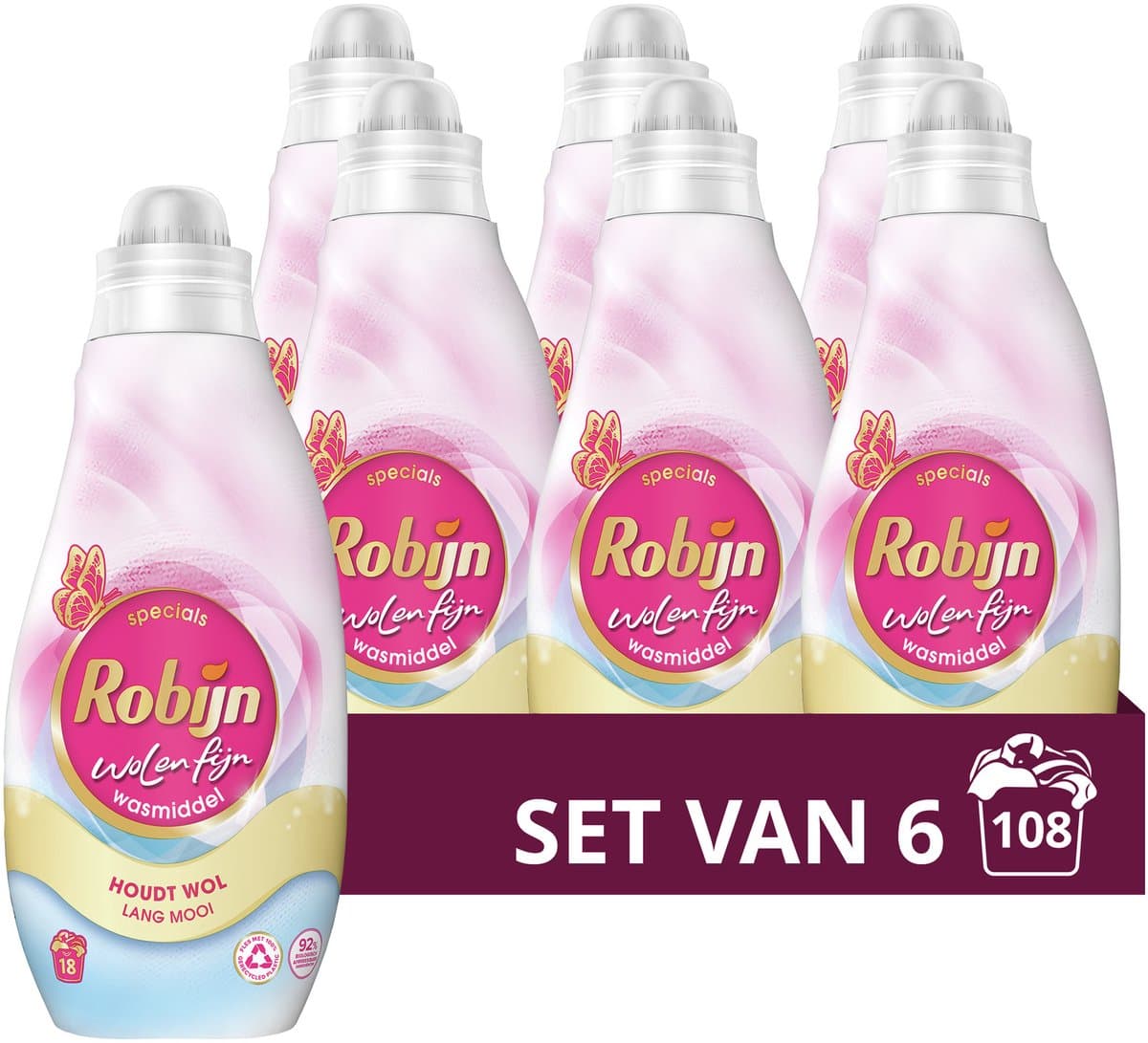 Robijn - Vloeibaar Wasmiddel - Wol & Fijn - 6 flessen - 108 wasbeurten - Voordeelverpakking — afbeelding 1
