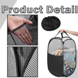 Wasmand - waszakken - wasmand voor vuile was - opvouwbare opbergmand - mesh opbergmand - pop up wasmand - met handvat - geschikt voor het opbergen van kleding, handdoeken, basketballen en speelgoed (36*58cm - zwart) — thumbnail 2