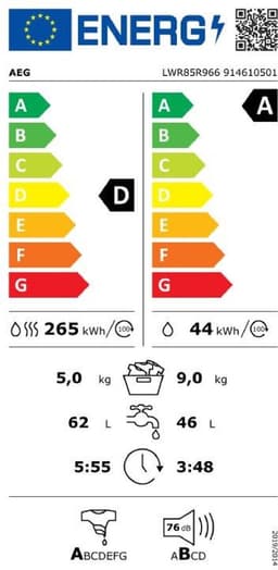 AEG LWR85R966 EcoLine 8000 PowerCare - Was-droogcombinatie - Condensatie - 9 kg - NL-FR — thumbnail 2