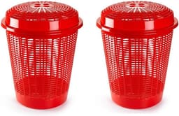 Plasticforte Wasmand met deksel - 2x stuks - 50 liter - rood - rond - D45 x H57 cm - opbergmand — thumbnail 1