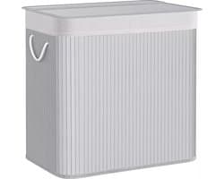 In And OutdoorMatch Wasmand Shayna - Wasmand - Bamboe Wasmand - met Handgrepen - 3 Compartimenten - Deksel met Clips - 150L Opvouwbaar - Wasruimte - Slaapkamer - Badkamer - Wit