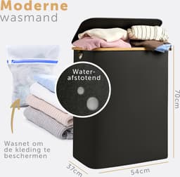Blumtal Wasmand 140L - Wasmand met 2 uitneembare waszakkken - Wasmand met 2 vakken - Smalle wasmand - Flesverzamelaar - Wasmand met deksel - Zwart — thumbnail 4