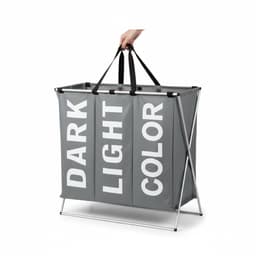 Enluxe Wasmand met 3 Compartimenten – Opvouwbare Wasbox met Aluminium Frame – Waterdicht – 130L – Grijs/Wit — thumbnail 1