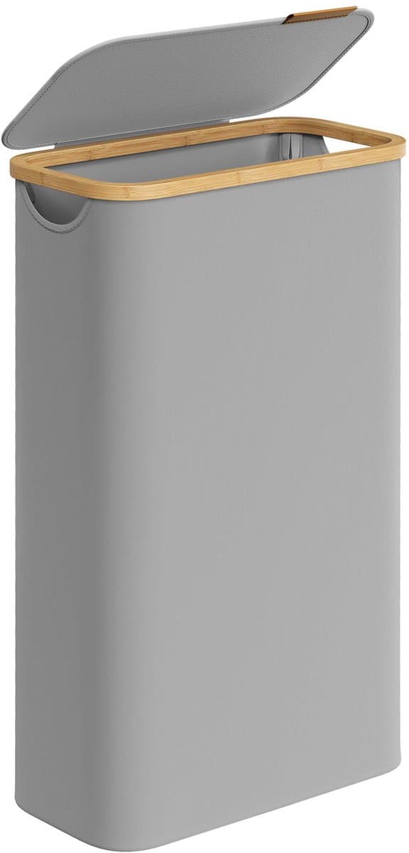 Slanke wasmand, vuilewasmand, wasverzamelaar met deksel, handvat en afneembare mesh voering. Inhoud tot 65 liter. Opvouwbaar ontwerp bespaart ruimte wanneer niet in gebruik. Modern en minimalistisch stijlvol ontwerp. 42 x 22,5 x 70,5 cm, grijs. — afbeelding 1