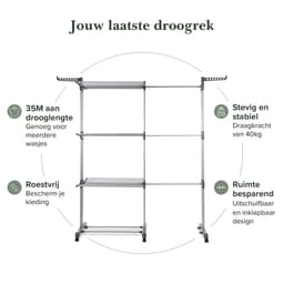 Jubbly® – Uitschuifbare Droogtoren – Inklapbaar Wasrek – Uitgerust met Wieltjes – 4 Verdiepingen – 35 meter Drooglengte – 40 kilo Draaggewicht – Wastoren Staand – Droogrek op Wielen - Grijs — thumbnail 2