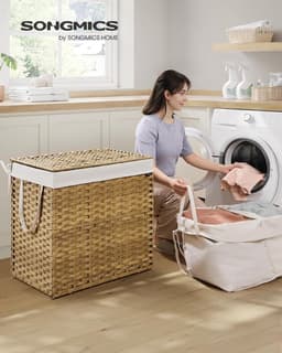 SONGMICS LCB216Y01 Wasmand 2 compartimenten wasmand 160 L Synthetische rotan wasmand met deksel en handvatten gevlochten opvouwbare verwijderbare waszak natuurlijke kleur — thumbnail 4