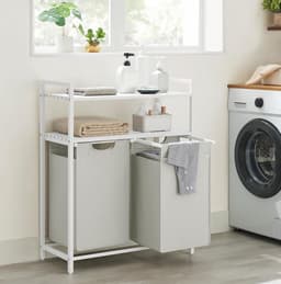 Wasmand - 2 Vakken & Opbergrek – Dubbele Was Sorter met Uitneembare Waszakken – 90L - Wit - 73x33x92cm — thumbnail 3