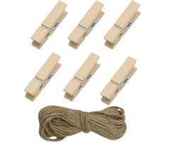 Mini Wasknijpers 100 Stuks - Houten Fotoclips met Jute Touw voor Creatief Gebruik