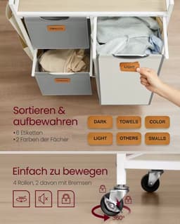 Wasmand 100L met 3 Vakken & Wielen – Metalen Frame met Houten Bovenblad – Inclusief 3 Zijvakken – Uitneembare Waszakken – Was Sorteren – Wit/Grijs — thumbnail 2
