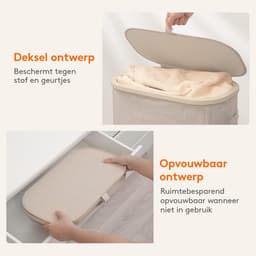 Smalle Wasmand 65L met Deksel – Opvouwbare Wassorteerder met Kunststof Frame – Grote Wasverzamelaar voor Slaapkamer & Badkamer – Beige — thumbnail 4