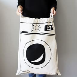 Waszak - Wasgoed Opbergtas met Trekkoord - Badkamer Was Zak - Laundry Bag - wit-zwart -met Wasmachine Print- 65 x 47 cm — thumbnail 1