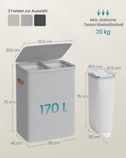 Furnstar Wasmand 170 l - Wasverzamelaar - 2 vakken - Wassorteerder - Lichte constructie met deksel en handgrepen - Uitneembare waszak 56 x 40 x 75 cm – Duifgrijs — thumbnail 3