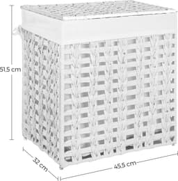 SONGMICS Handgeweven wasmand met deksel, wasmand in rotanstijl met uitneembare voeringzak, metalen frame, opbergmand, 45,5 x 32 x 51,5 cm, voor wasruimte, slaapkamer, badkamer, wit LCB050W01 — thumbnail 2