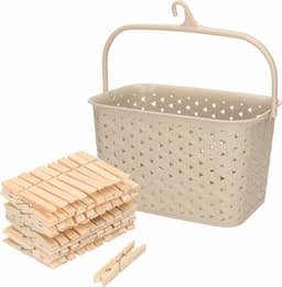 Wasknijpers mandje met ophanghaak - beige - gevuld met 100x houten wasknijpers van 7 cm - was ophangen — thumbnail 1