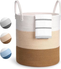 Large Laundry Basket, Foldable Laundry Basket, Storage Basket Organiser with Handle, Cotton Rope Laundry Hamper for Bathroom, Living Room, Bedroom, Cream White + Light Yellow — thumbnail 1