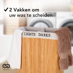 Infinity Goods Wasmand met Deksel XL - Bamboe - 2 Vakken - Wassorteerder - 2 Wasbare Katoenen Waszakken - Handvatten - 100 Liter - Natuurlijk Bruin — thumbnail 2