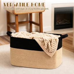 Gevlochten, 50 l, opbergmand met handgrepen, wasverzamelaar, handgemaakt, mand opslag voor dekens, speelgoed, knuffeldieren, kleding, 46 x 36 x 30 cm, zwart + kaki — thumbnail 3