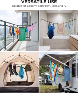 Wasband voor camping en reizen, 1,8-3 m uittrekkbaar met 12 clips, elastische camping wasband, winddicht zonder boren voor tent, caravan en balkon — thumbnail 5