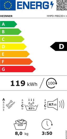 Heinner HHPD-M8G3D++ Warmtepompdroger – 8 kg – Energieklasse D – 16 Programma’s – Digitaal Display – Snelprogramma – Startuitstel – Anti-kreukfunctie – Trommelverlichting – Kinderslot – Wit – 5 Jaar Garantie — thumbnail 2