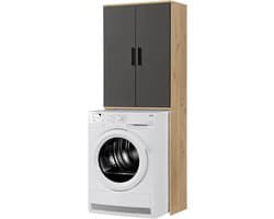 Wasmachinekast Hoge Kast - Badkamerkast Bovenkast - Ruimte Organiseren - Verstelbare Legplanken - 180x65x34 cm - Eiken Zwart