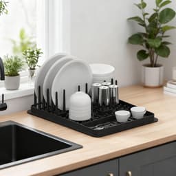 Siliconen afwasrek met verwijderbare bestekhouder, ideaal voor het drogen van borden, kopjes en pannen op het aanrecht — thumbnail 4
