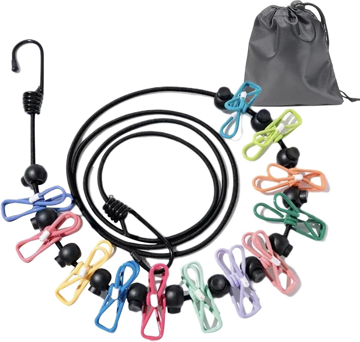 Waslijn, outdoor waslijn, intrekbaar met 12 clips en 13 stuks positioneringsgespen voor reizen, vakantie, outdoor, camping, 180-360 cm — afbeelding 1