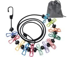 Waslijn, outdoor waslijn, intrekbaar met 12 clips en 13 stuks positioneringsgespen voor reizen, vakantie, outdoor, camping, 180-360 cm