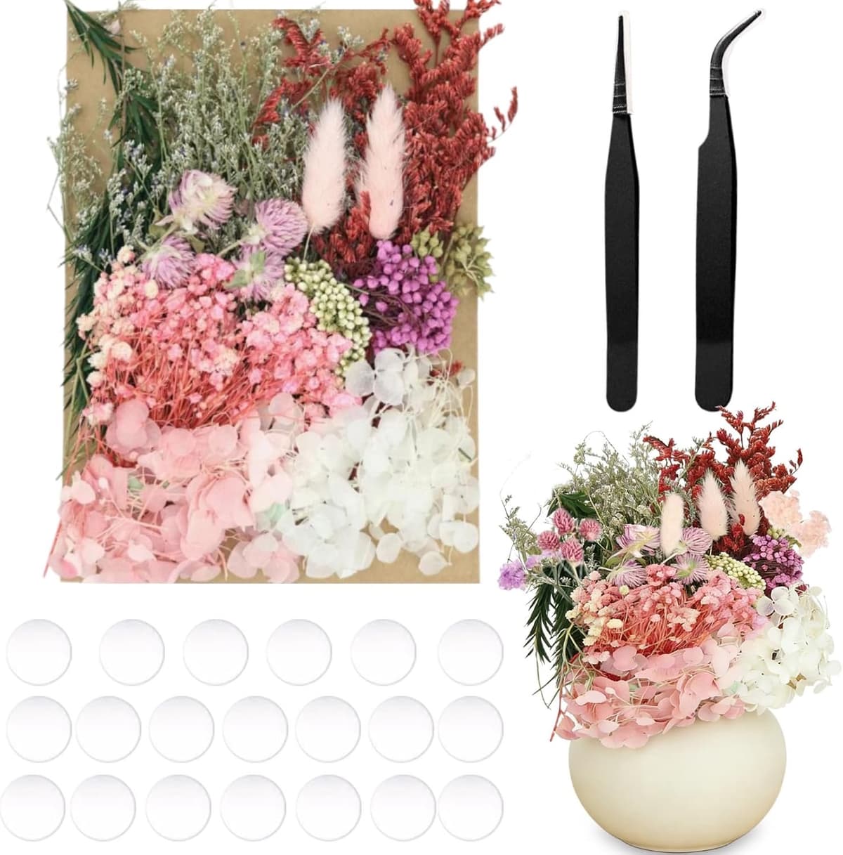 Gedroogde bloemen decoratieset, natuurlijk boeket droogbloemen, decoratie om te knutselen, met 2 clips en 20 rond dubbelzijdig plakband, 15 mm, voor woonkamer, huishouden, tafeldecoratie (kleur 1) — afbeelding 1