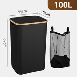 100 liter, wasmanden met handgrepen, wasverzamelaar met uitneembare waszakken, grote opvouwbare wasmand met deksel, voor bijkeuken, slaapkamer, zwart — thumbnail 2