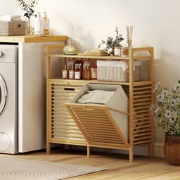 laundry basket with 2 compartments each 41 L made of bamboo 82 x 13 x 88 cm natural | 2 shelves - laundry rack with handles — thumbnail 4