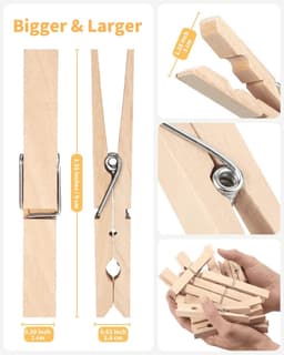 Houten Was Knijpers - Grote Klemmen - Kleding Ophangen - Robuuste Kwaliteit - 10cm 12 Stuks - Houtkleur — thumbnail 2