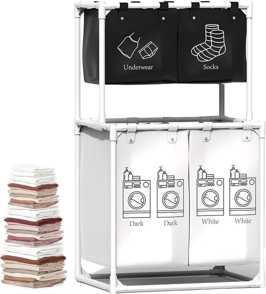 Wasmand met vakken - Wasopslag mand - Kleding sorteren - Verhoogde poten ontwerp - 92.7 cm hoog - Wit — afbeelding 1
