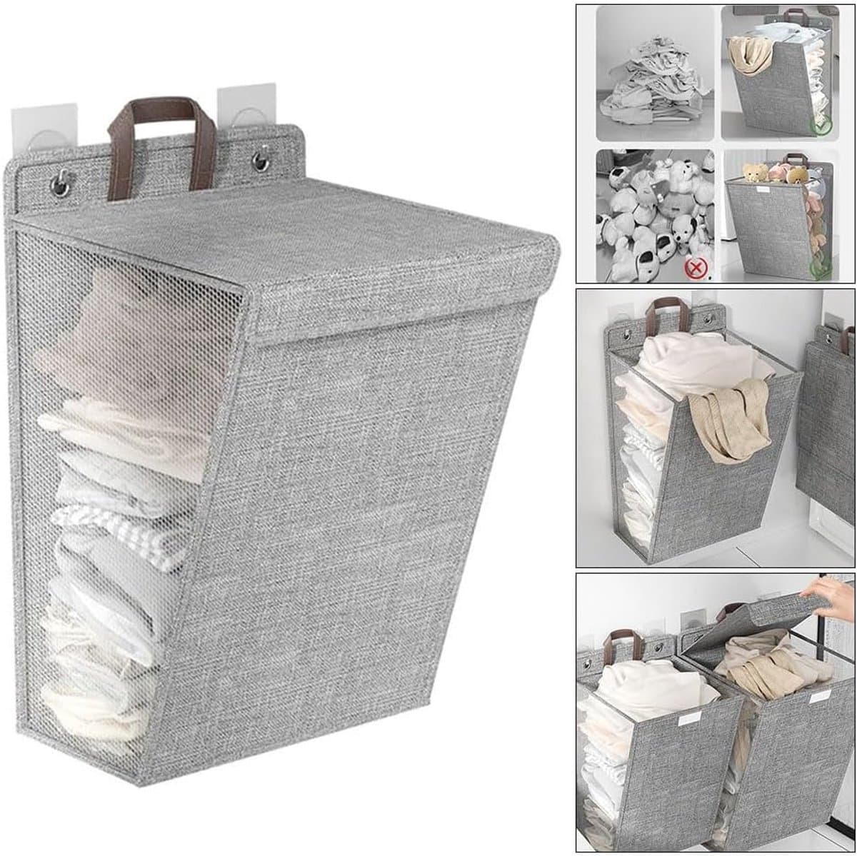 Wasmand (1 stuk) - Opvouwbare wasmand - Wasmand voor vuile was - Hangende wasmand - Opvouwbare wasmand voor huishoudelijk gebruik - Wandgemonteerde badkamerwasmand - Handvat - Ingebouwde waterdichte coating - Grijs - 58*41*15cm — afbeelding 1
