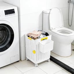 Wasmand met Wielen - Opvouwbare Wasbak - Sorteer Kleding - Afneembare Opbergdoos - 47.5 cm Hoog - Wit — thumbnail 3